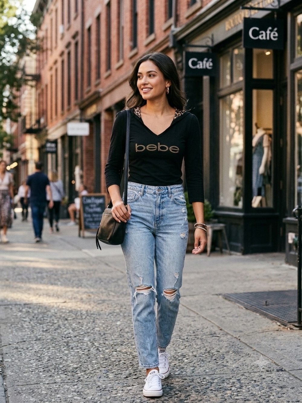 bebe Black Long-Sleeve Hooded Top with Gold Stud Logo